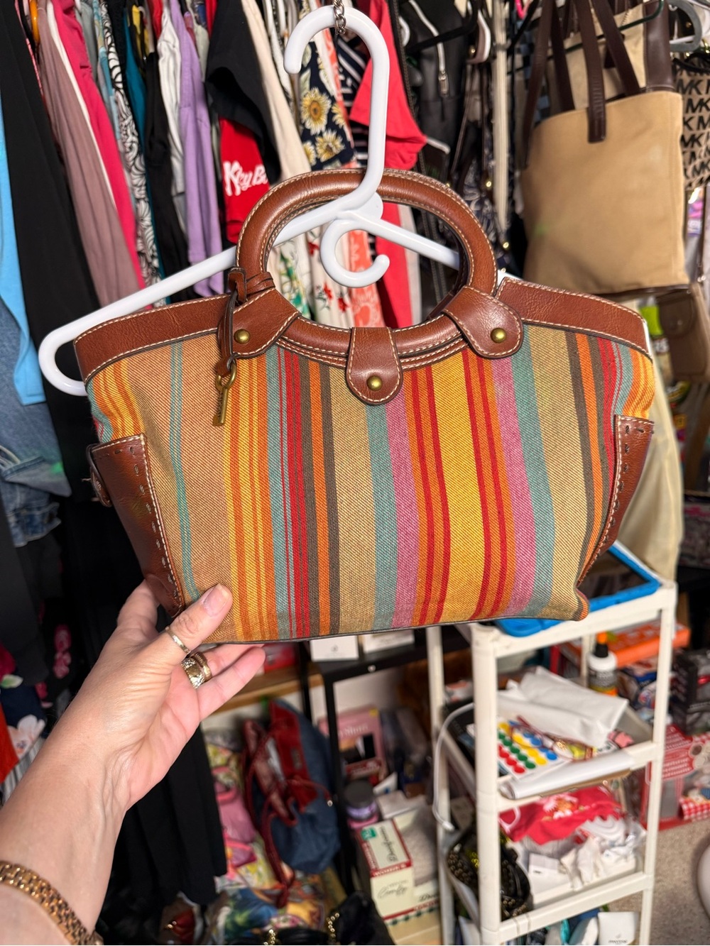 Fossil Striped Multicolor Canvas Tote with Brown Leather Trim